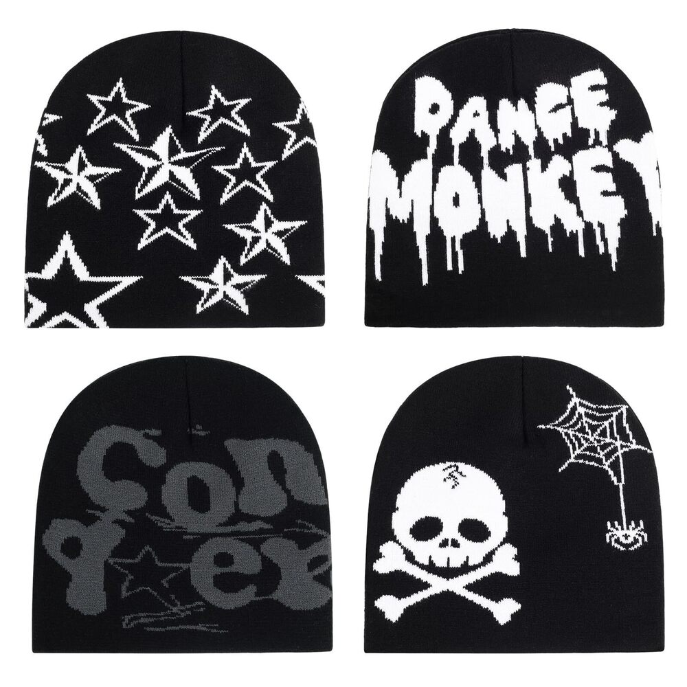 9825 4Pcs Y2k Beanie Winter Knitted Graphic Beanie Warm Y2k Hat